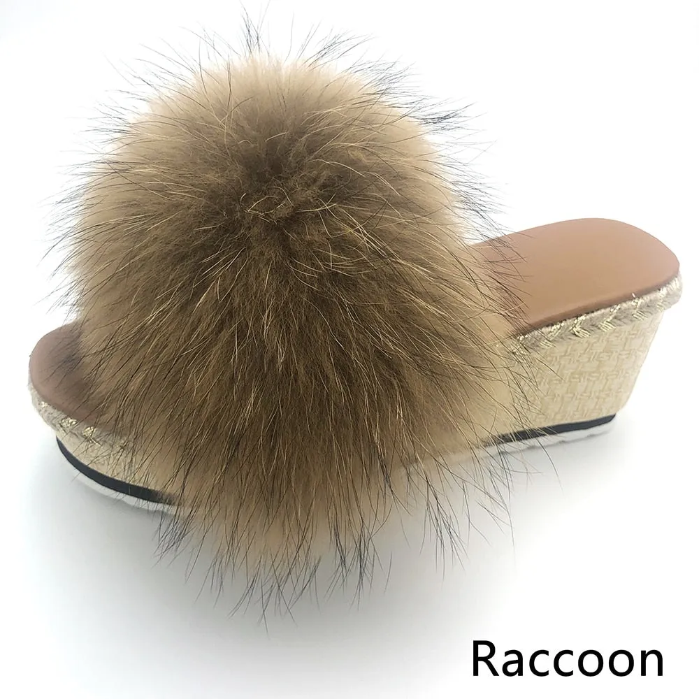 Women's Summer Raccoon Color Luxury Real Fox Fur Wedges Slippers