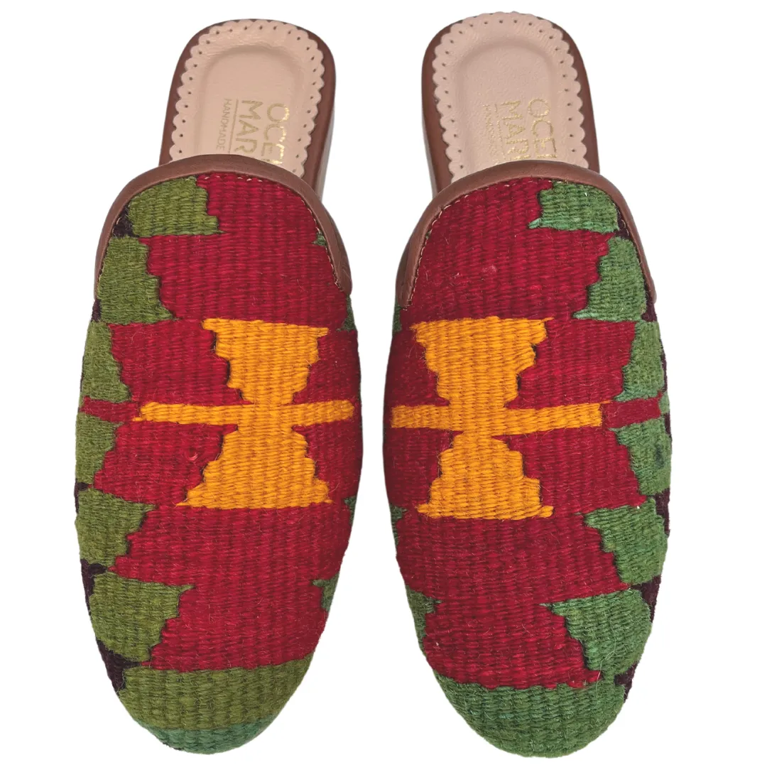 Women's Turkish Kilim Mule Green & Red with Orange